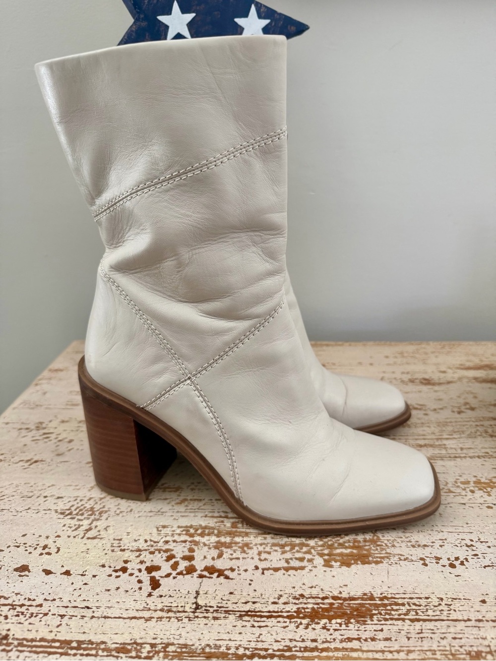 Franco Sarto White/Bone Leather Block Heel Mid-Calf Boots